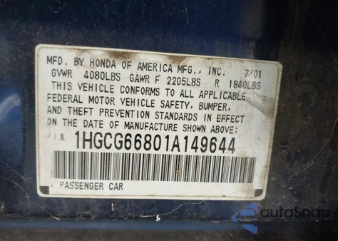 2001 Honda Accord 2.3 Ex from USA, damaged, VIN 1HGCG66801A149644